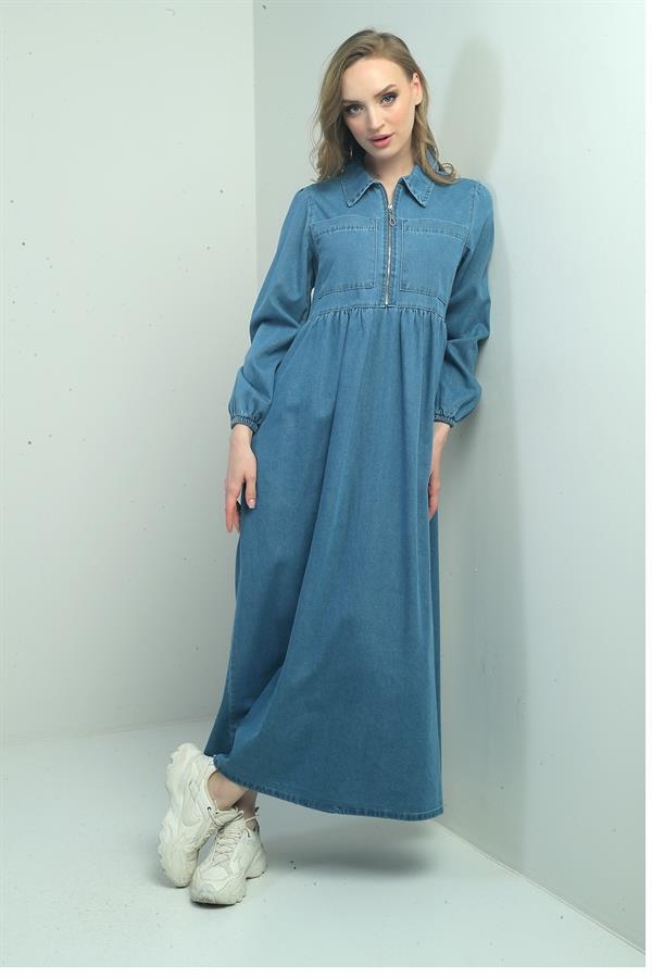 Kadın Önü Yarım Fermuarlı Önü Ve Yanı Cepli Uzun Kot Elbise