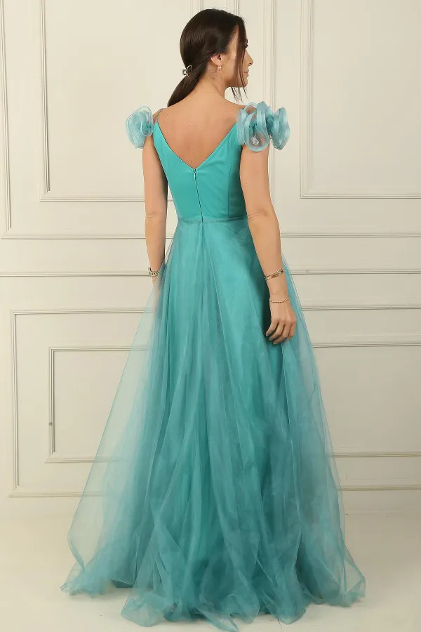 Ön Arka V Yaka İp Askılı Düşük Kollu Önü Taş Detaylı Astarlı Uzun Tül Elbise