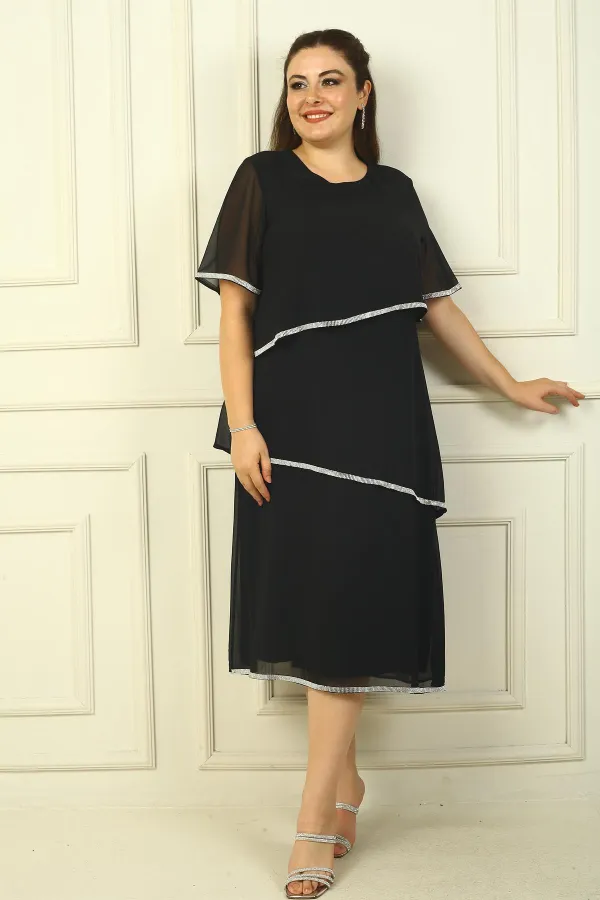 Robe grande taille en mousseline de soie à 3 couches, manches courtes, doublure et détails en pierre pour femme