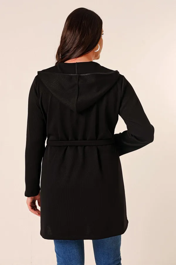 İçi Kolsuz Atletli Kapüşonlu Torba Cepli Kuşaklı Çiçek Baskılı Hırka Büyük Beden 2'li Takım