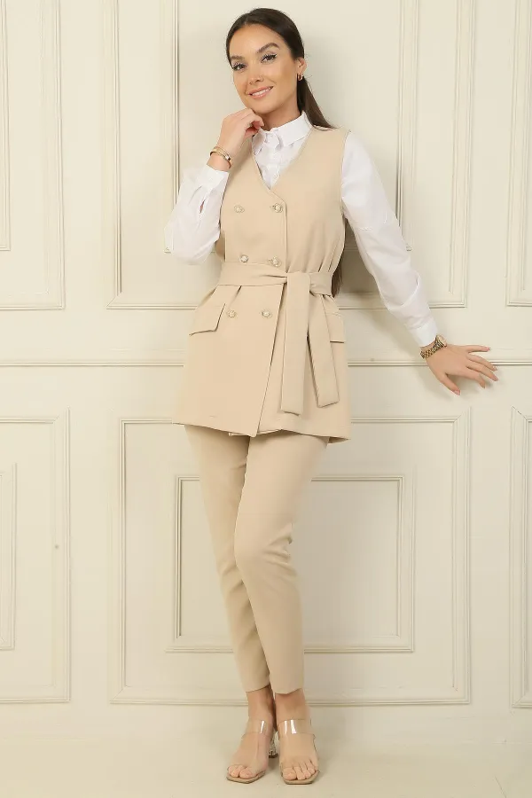 6 Düğmeli Sahte Cepli Kuşaklı Yelek Beli Lastikli Dar Paça Pantolon 2'li Takım