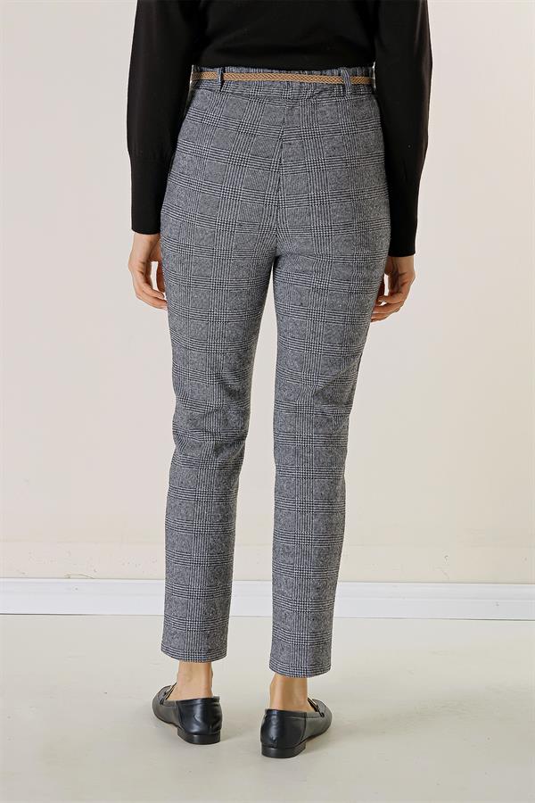 Bel Lastikli Kemerli Yandan Cepli Ekose Dar Paça Pantolon