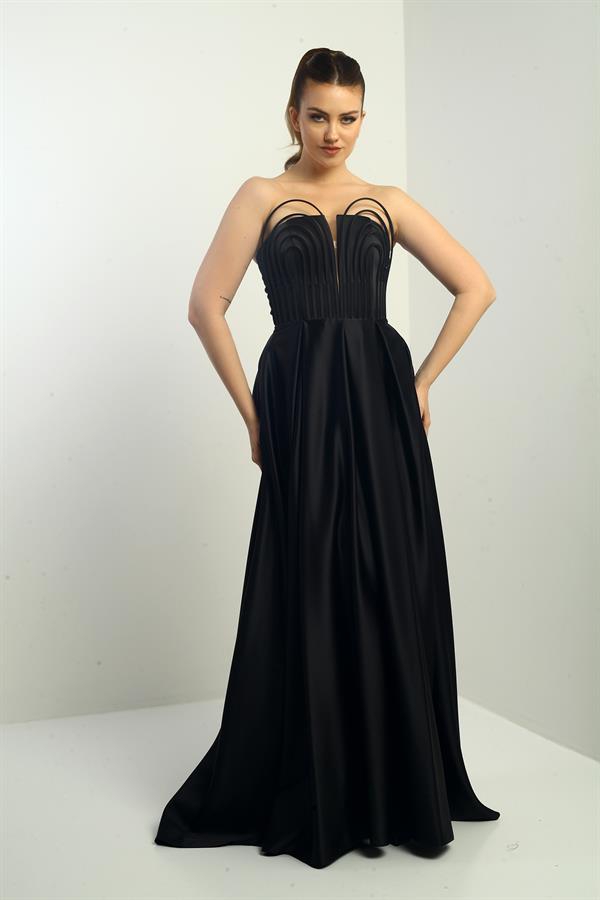 Women's Strapless Lined, Front Underwired, Piped, Pocketed, Flared Long Satin Evening Dress