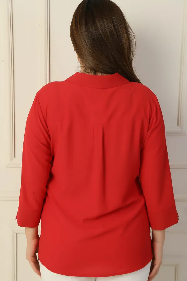 Polo Collar Pocketed Quarter Sleeve BB Blouse