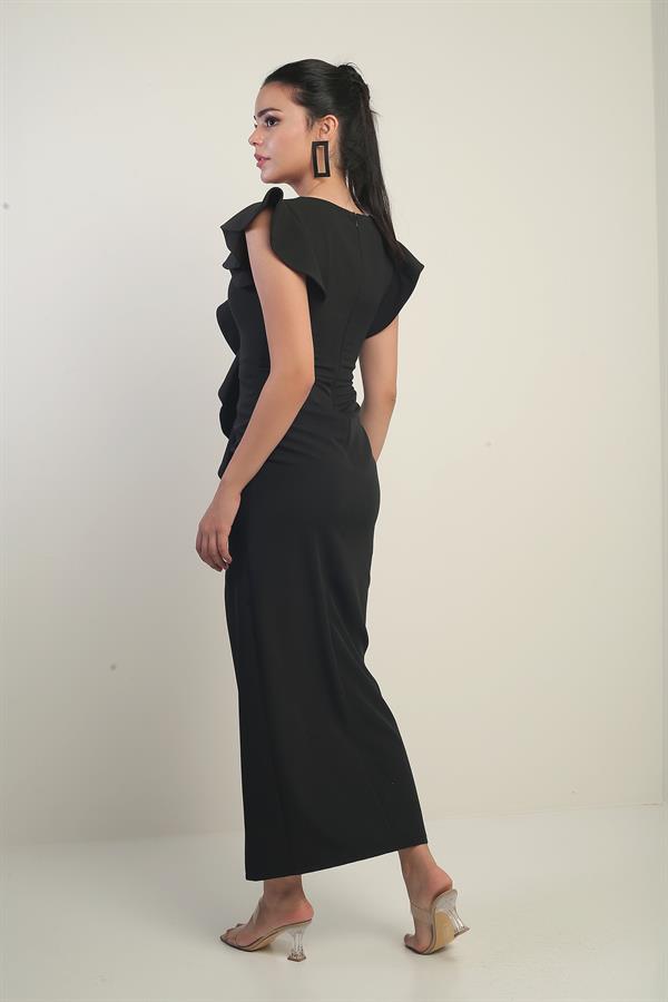 Robe longue pour femme avec roses brodées sur l'épaule, doublée, fente sur le devant et volants