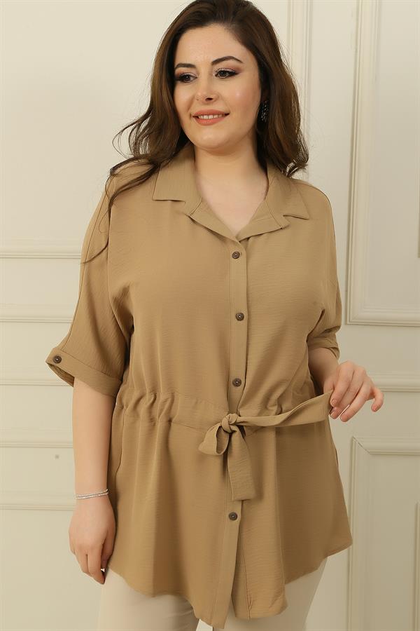 Plus Size Ayrobin Tunic Shirt with Belt and Button Front
