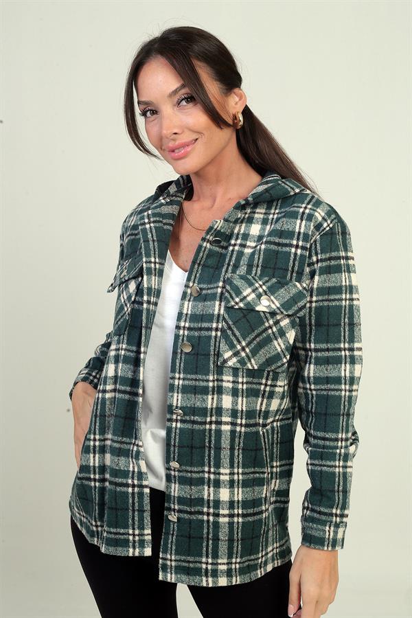 Chemise à capuche pour femme, motif à carreaux, poches à boutons métalliques