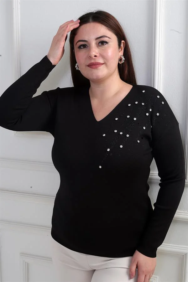 Women's V-Neck Plus Size Stoned Knit Blouse