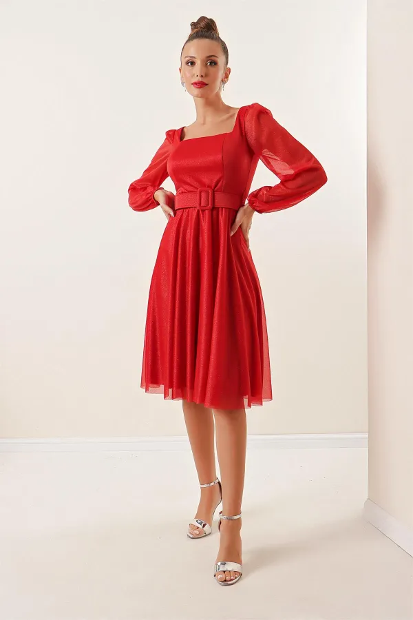 Square Neck Belted Balloon Sleeve Lined Glittery Dress