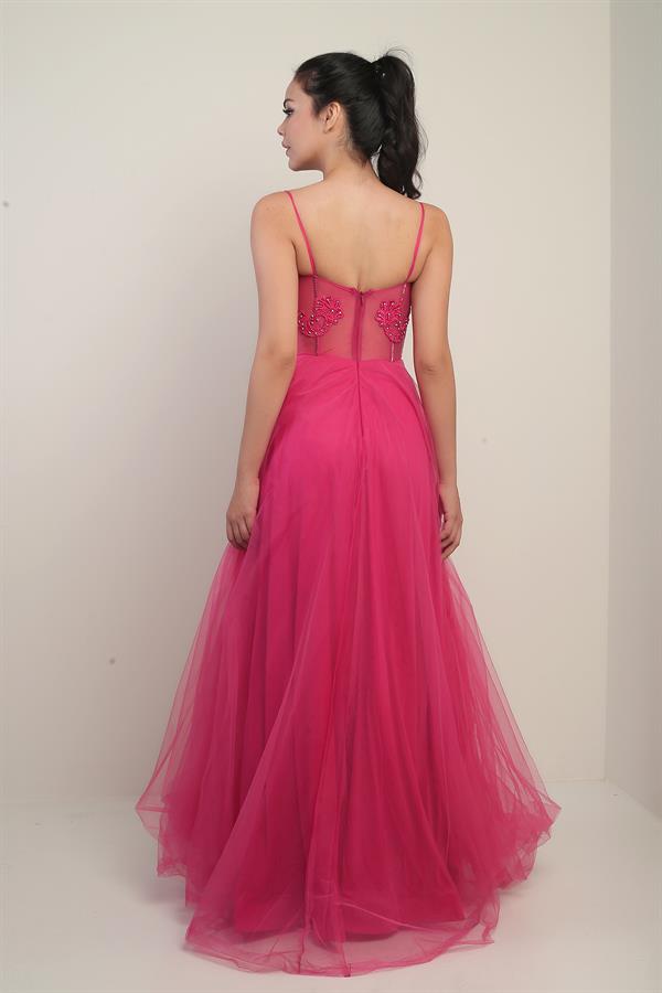 Kadın İp Askılı astarlı Göğüs Pliseli Boncuk İşlemeli Uzun Prenses Elbise