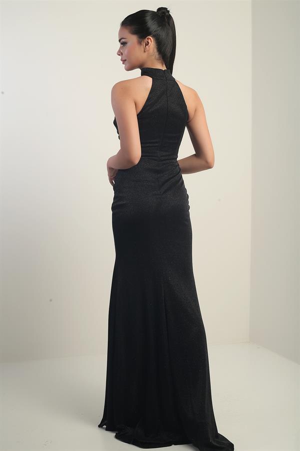 Kadın Boyunlu Önü Büzgülü Simli Astarlı Elbise