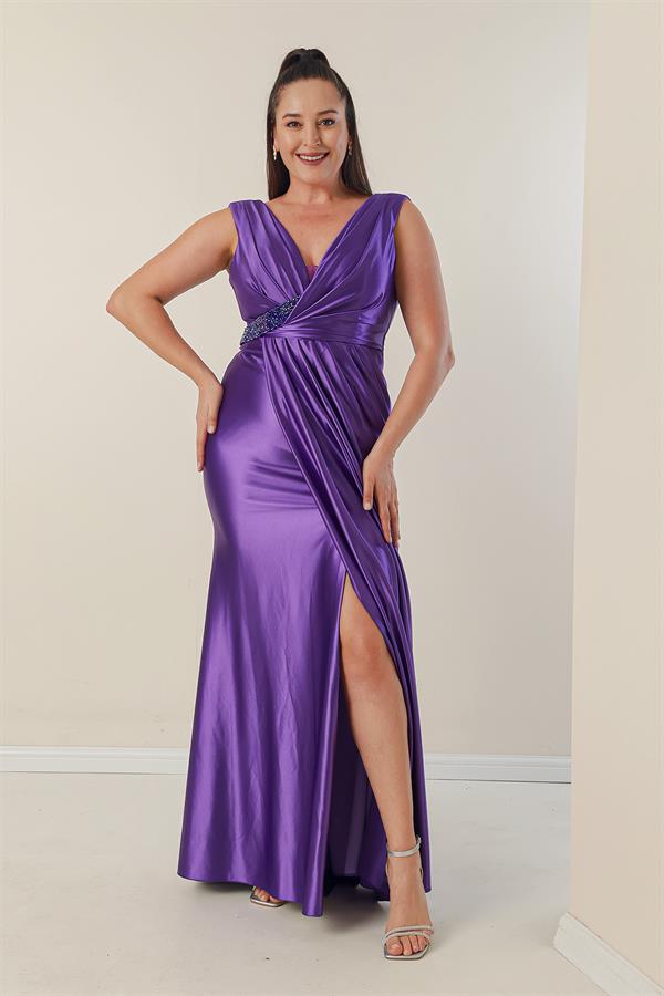 Plus Size Long Satin Dress with Draped Front and Beaded Detail, Lined