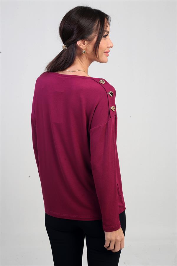 Blouse en lycra à col en V et boutons sur les épaules pour femme, couleur fraise.