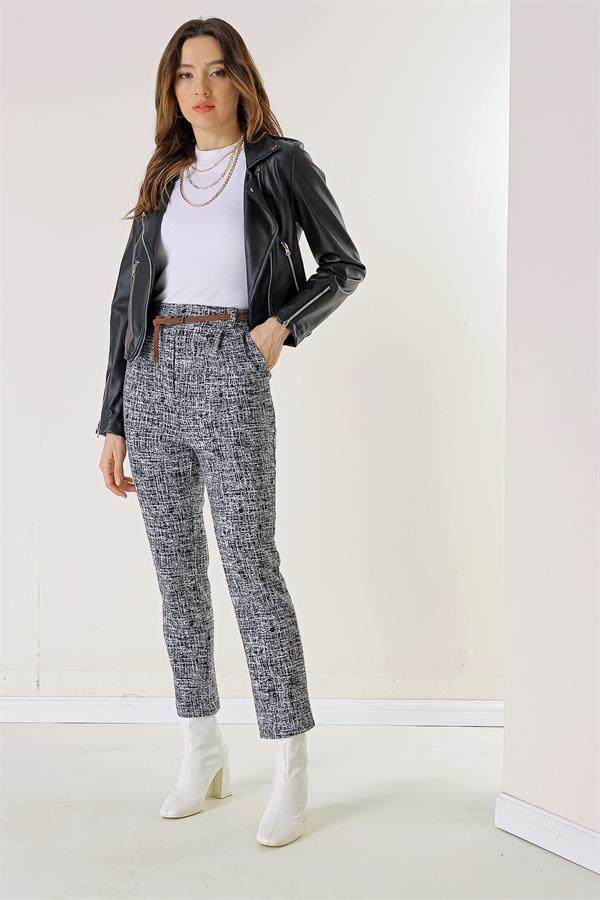 Beli Lastikli Kemerli Yandan Cepli Cam Kırığı Desen Dar Paça Pantolon