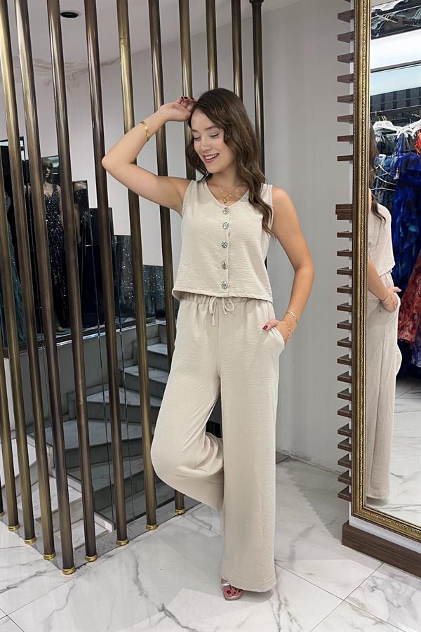 Women's V-Neck Button-Front Blouse, Elastic Waist, Pocketed Palazzo Pants Ayrobin 2-Piece Set