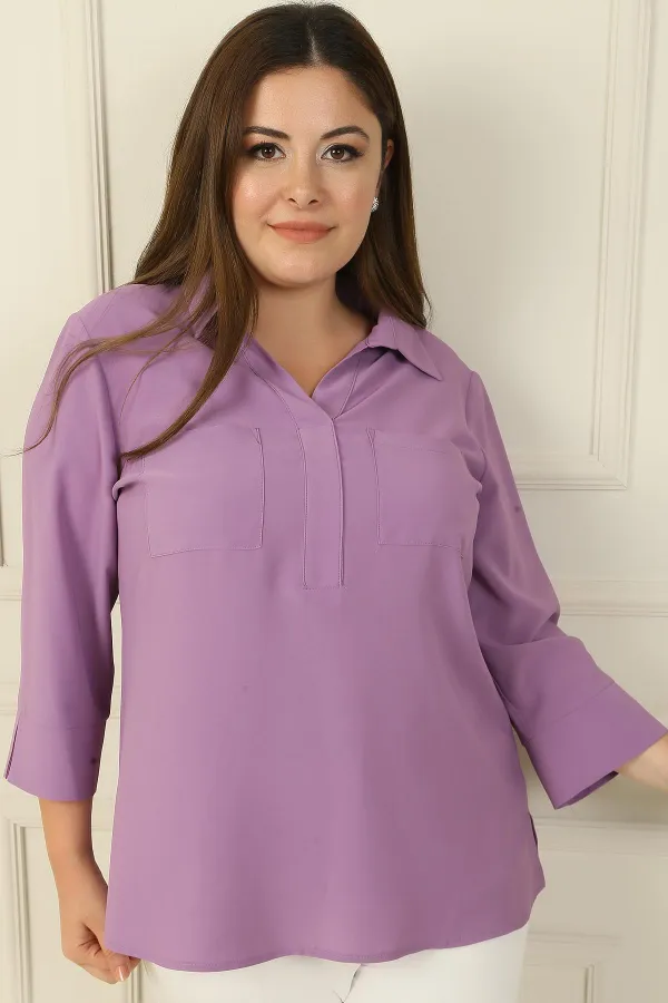 Polo Collar Pocket Quarter Sleeve BB Blouse