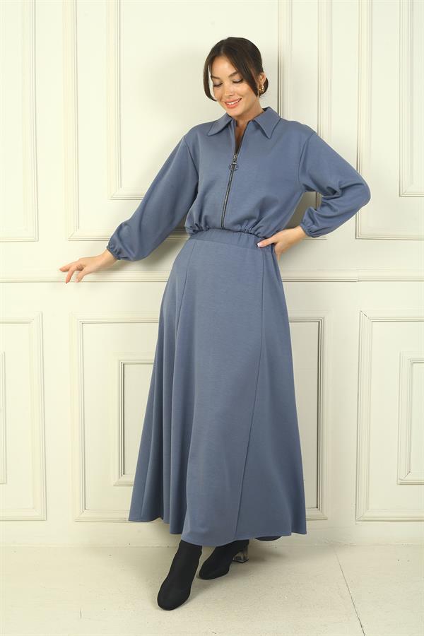 Women's Front Zip Jacket and Elastic Waist Long Skirt Osyho 2-Piece Set