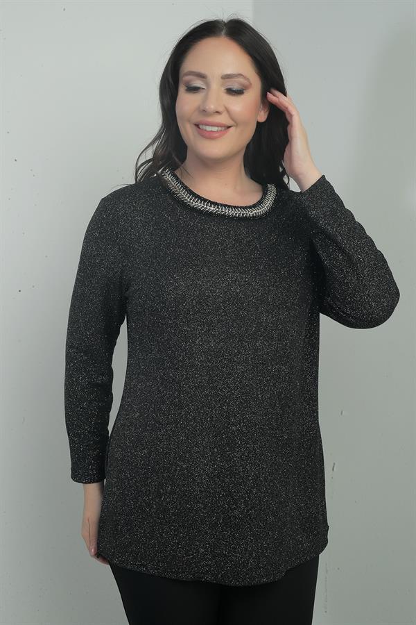 Women's Plus Size Blouse with Stone Details, Round Neck, Glitter, and Lycra