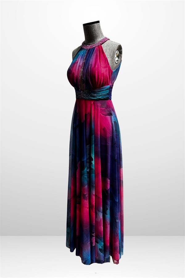 Robe longue en mousseline pour femme, drapée sur le devant, doublée, ornée de perles et de broderies florales.