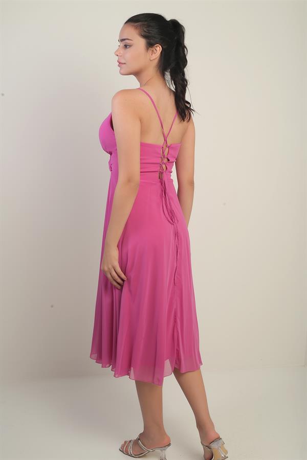 Women's Strappy Wrap Neckline Lined Lace-Up Back Flared Chiffon Dress