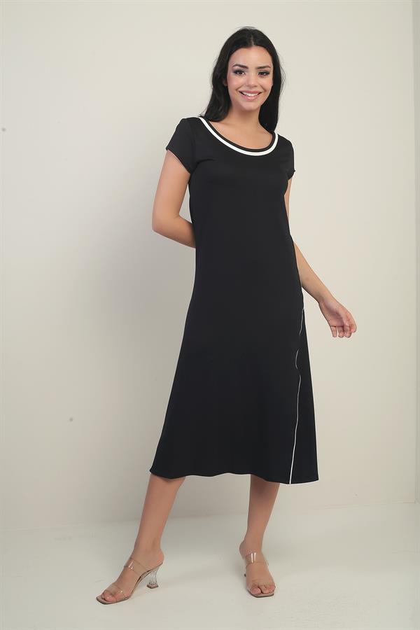 Kadın Madonna Yaka Biye Detaylı Yırtmaçlı Kristal Uzun Elbise