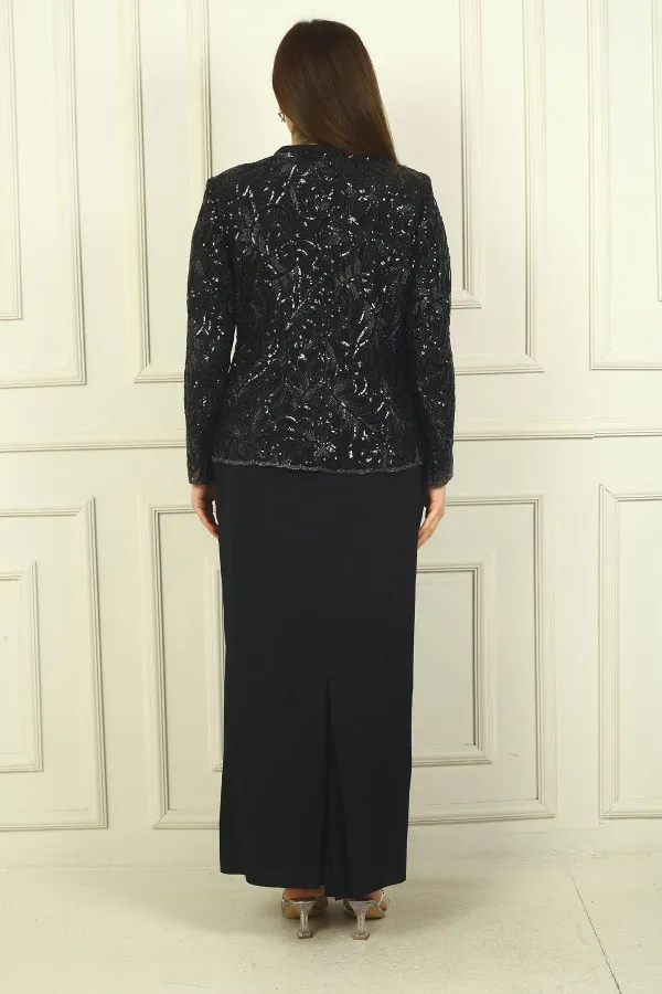 Ensemble 2 pièces pour femme, comprenant une veste en tulle ornée de sequins et de perles, une robe longue à manches demi-lune en crêpe doublée et un pantalon grande taille.