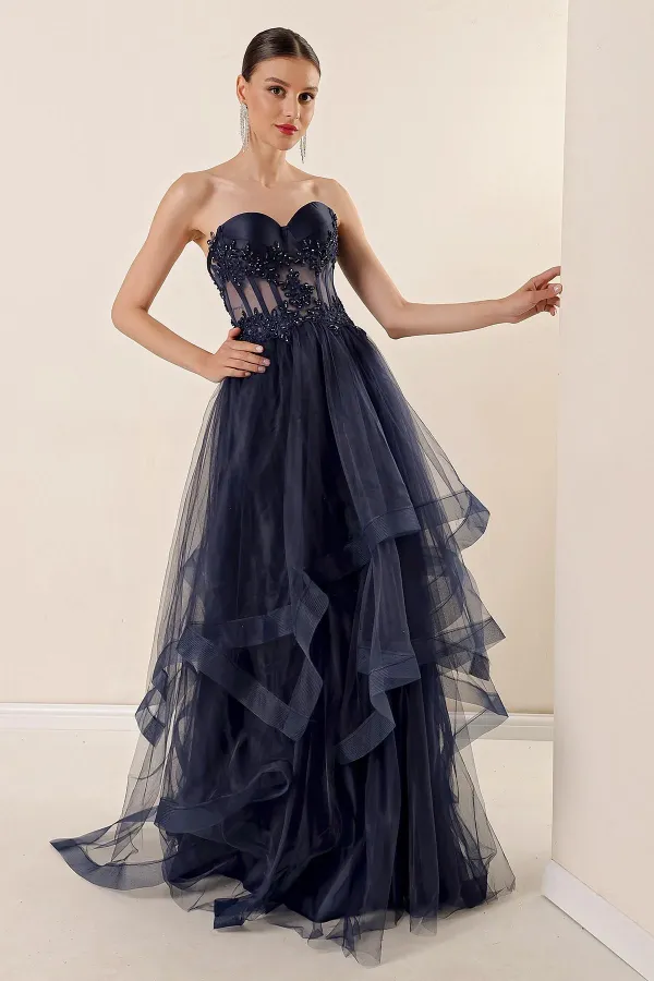 Beaded Top Transparent Layered Tulle Taffeta Long Evening Dress