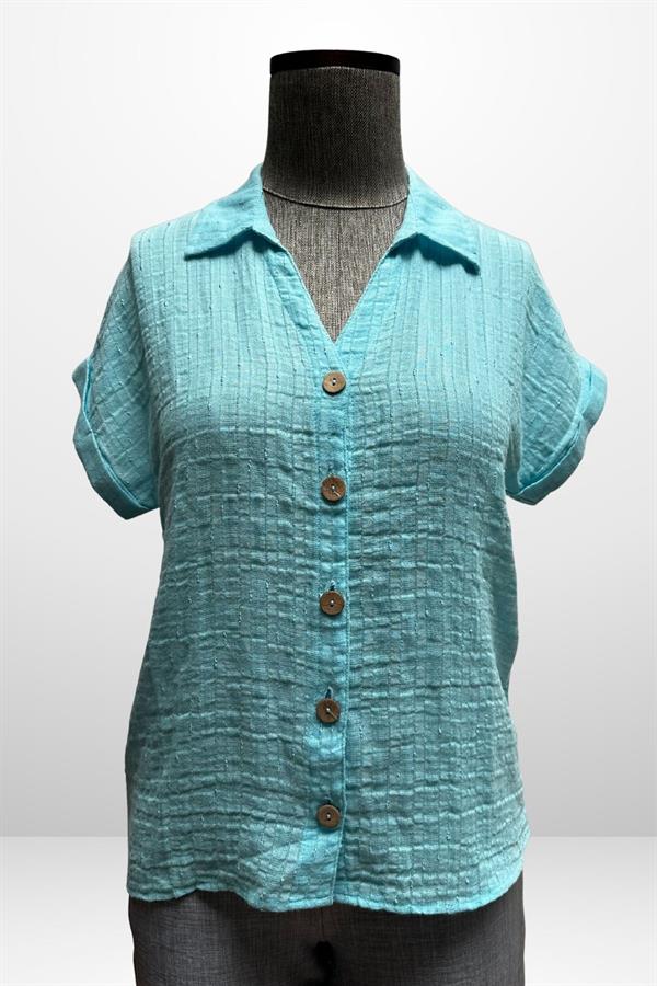 Kadın Polo Yaka Kendinden Desenli Keten Gömlek