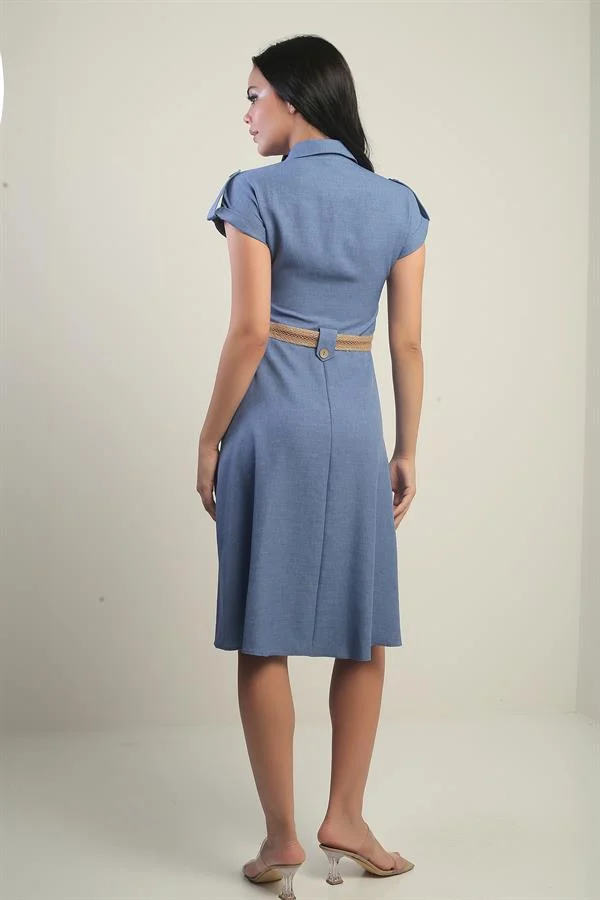 Women's Collared, Off-Shoulder, Double-Pocket, Belted Linen-Effect Dress