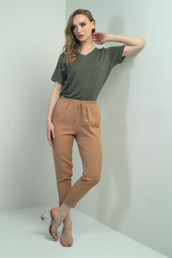 Pantalon carotte pour femme, taille élastique, poches latérales