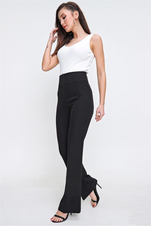 Pantalon espagnol taille haute, à poches, extensible et à jambes larges