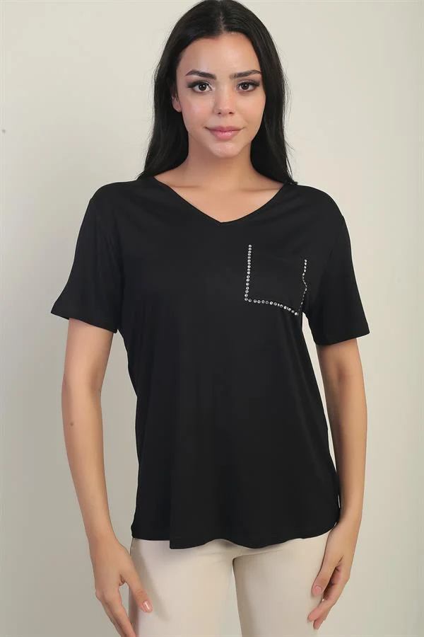 Women's V-Neck Blouse with Stone Embellishments on Shoulders and Pockets, Made of Lycra