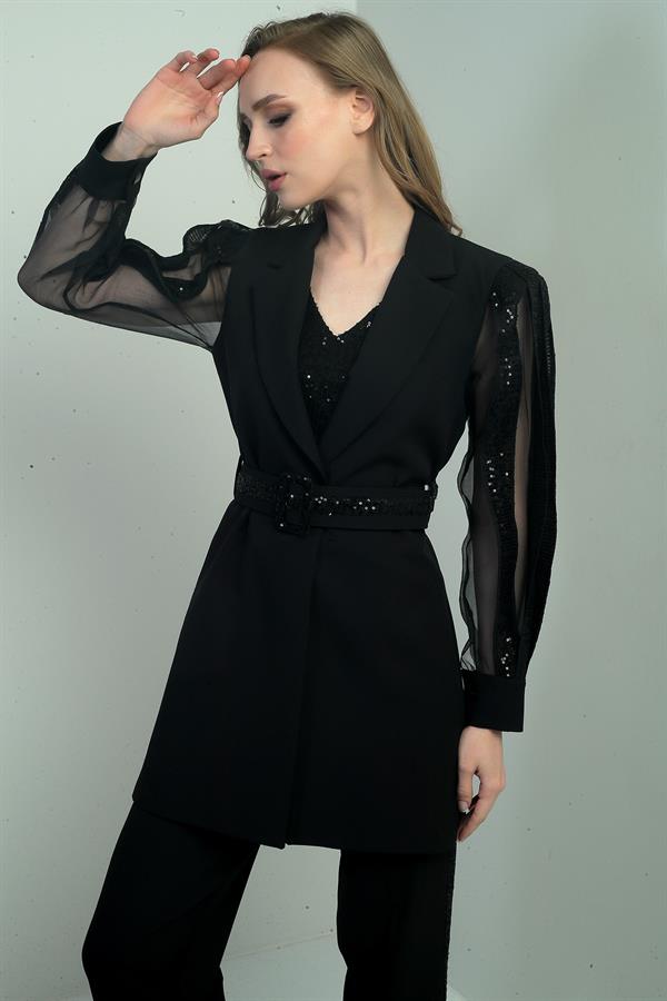 Women's Sleeveless Organza Sequin Belted Lined Jacket