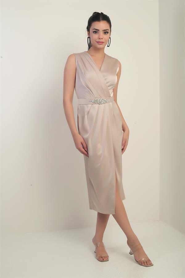 Women's Wrap Neckline Front Pleated Belted Crepe Satin Dress