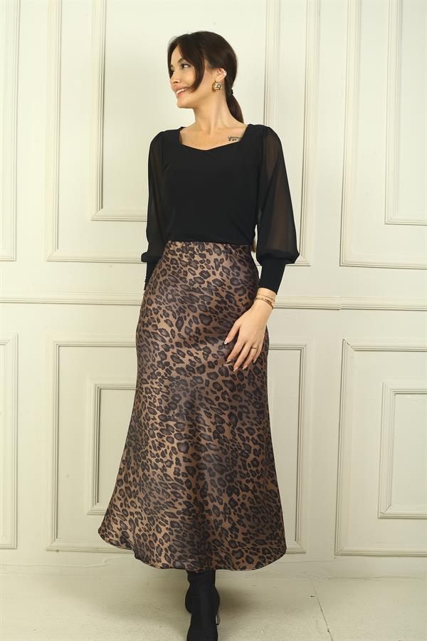 Jupe longue en satin imprimé léopard à taille élastique pour femme