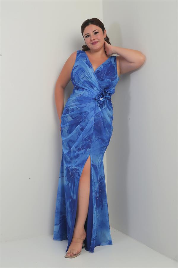 Women's Front and Back V-Neck Lined Draped Front 3D Floral Pattern Plus Size Tulle Long Dress