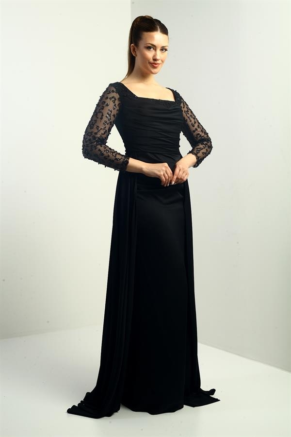 Robe de soirée longue en crêpe satin pour femme, col carré, doublée, manches perlées, corps large