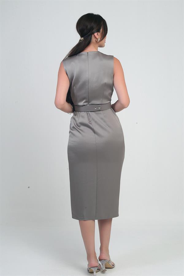 Kadın Kruvaze Yaka Önü Pileli Beli Kemerli Krep Saten Elbise