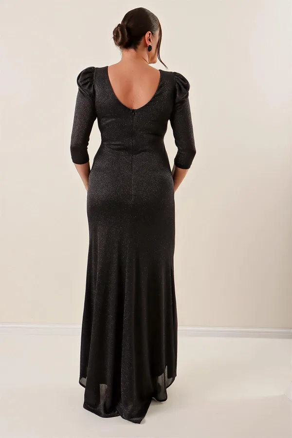 Truvakar Kol Önü Volanlı Astarlı Simli Büyük Beden Uzun Elbise