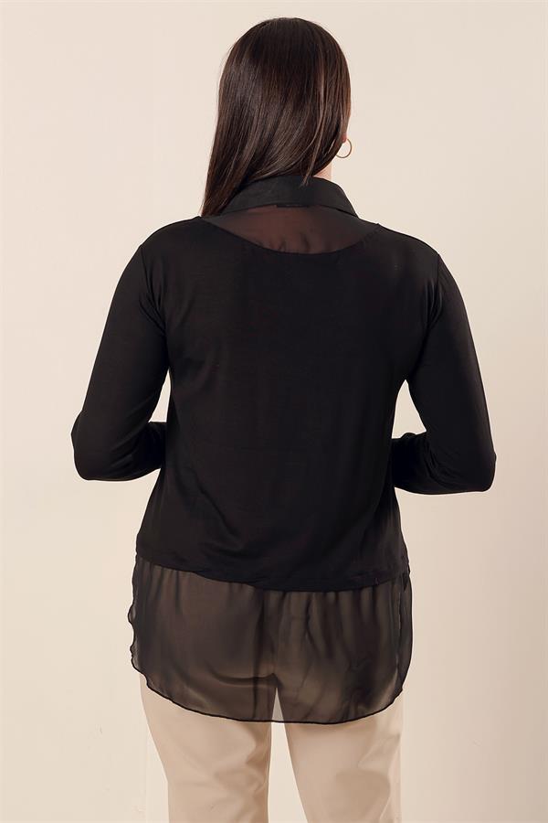 Şifon Detaylı Gömlek Yaka Rahat Kesim Büyük Beden Bluz
