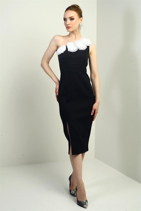 Women's One-Shoulder Crepe Midi Dress with Floral Detail and Front Slit