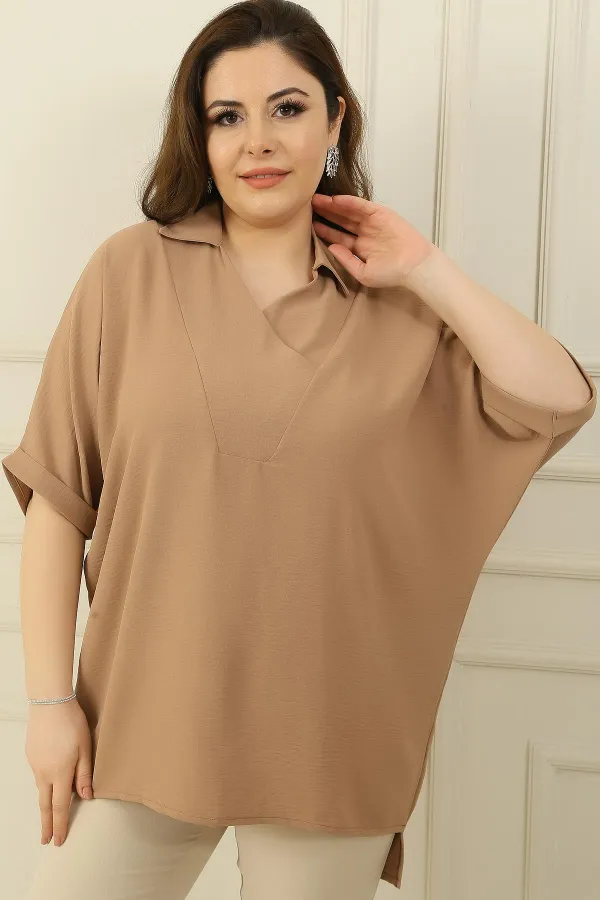 Double Breasted Polo Collar Short Sleeve Ayrobin Plus Size Blouse