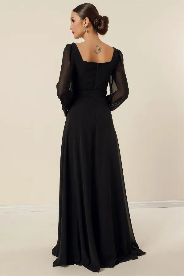 Square Neck Belted Lined Chiffon Long Evening Dress