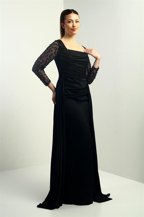 Robe de soirée longue en crêpe satin pour femme, col carré, doublée, manches perlées, corps large