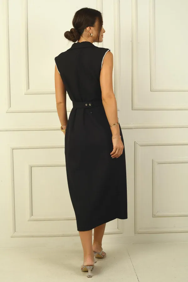 Women's Wrap Neck, Lined, Button-Front Crepe Dress with Stone Embellishments and Belt