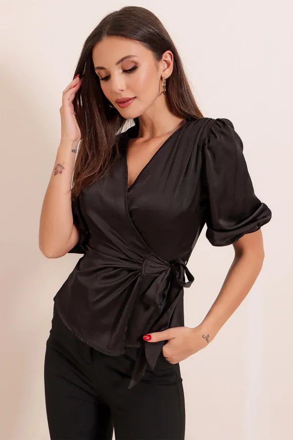 Three Quarter Sleeve Satin Blouse with Side Tie