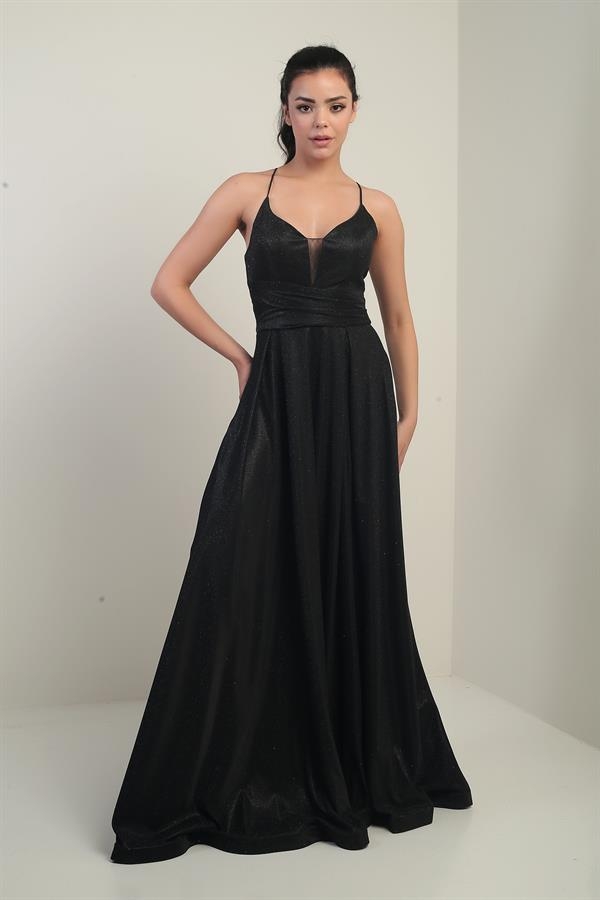 İp Askılı Astarlı Simli Uzun Abiye Elbise