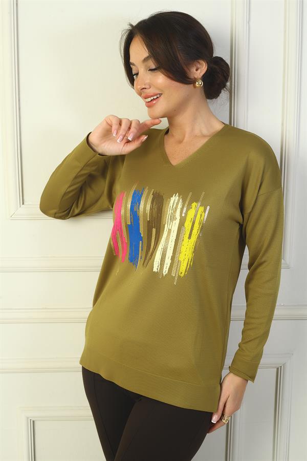 Kadın V Yaka Önü Baskılı Triko Kazak