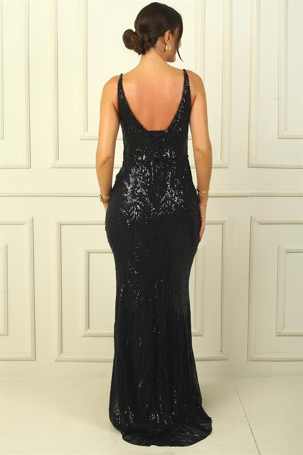 Women's Strappy Beaded and Sequined Shawl Patterned Lined Wide-Sized Long Fishtail Dress