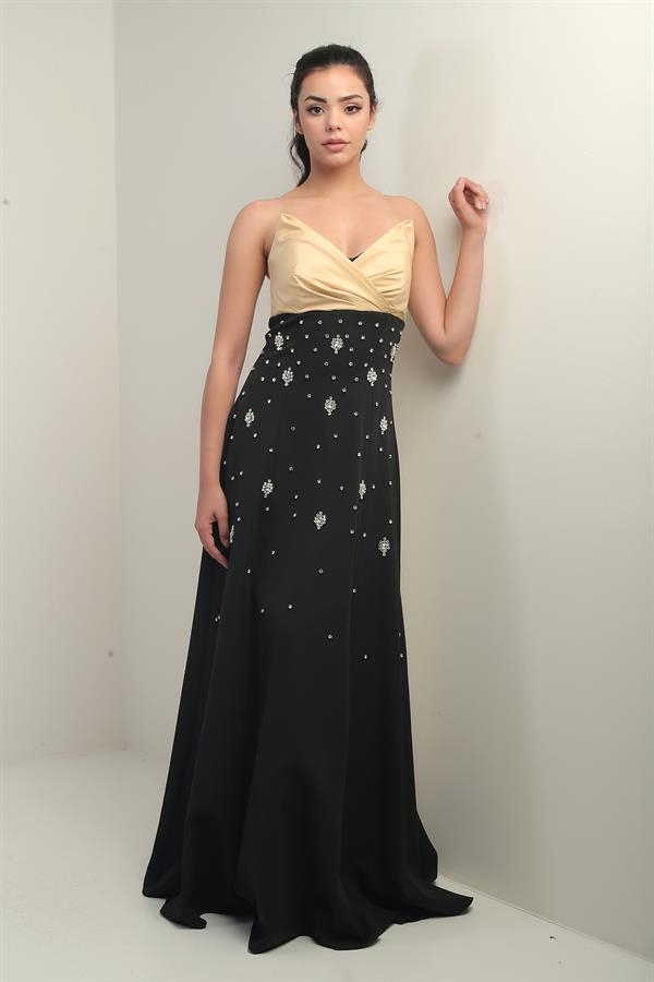 Kadın Tafta Üst Straplez Dubble Taş Yapıştırma Kloş Uzun Elbise